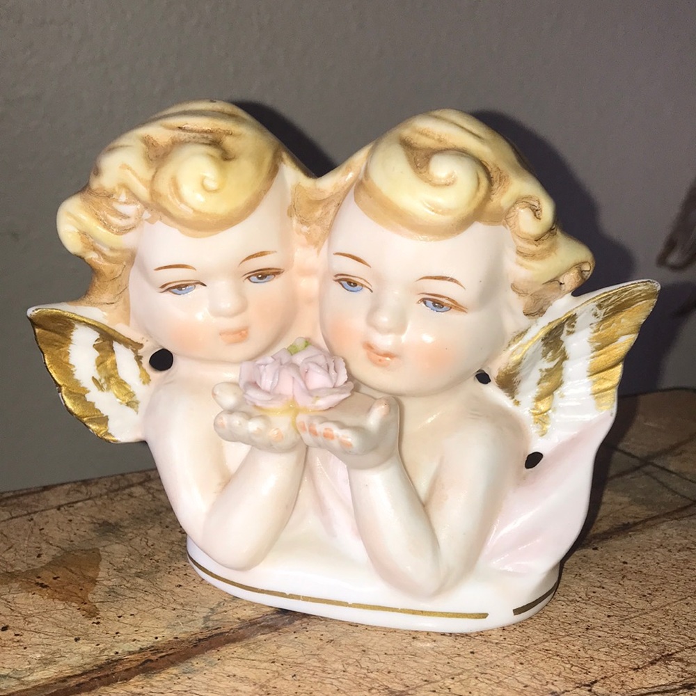 Tilso Double Angel W/Pink Roses Porcelain Decor
